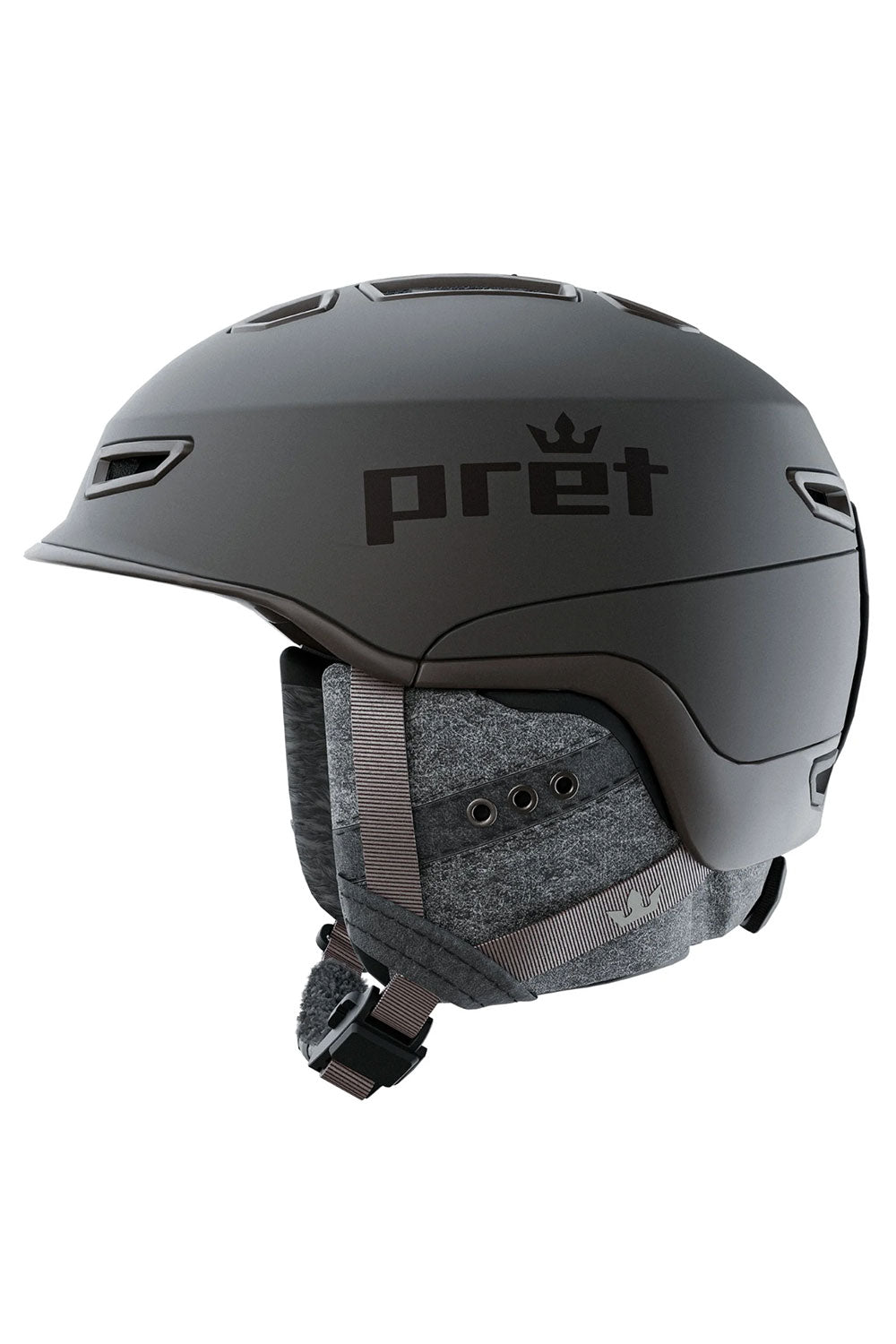 Black helmet with 'pret' branding on a white background