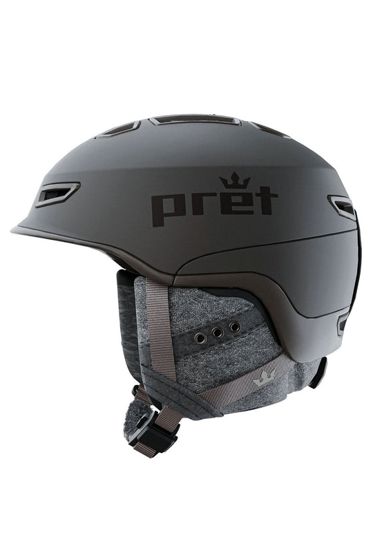 Black helmet with 'pret' branding on a white background