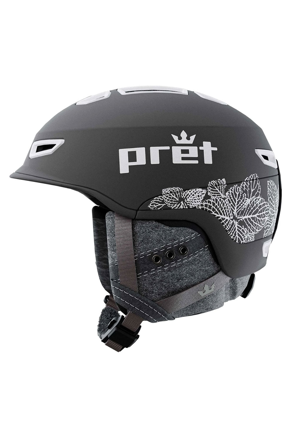 pret ski helmet - black with white leaf pattern