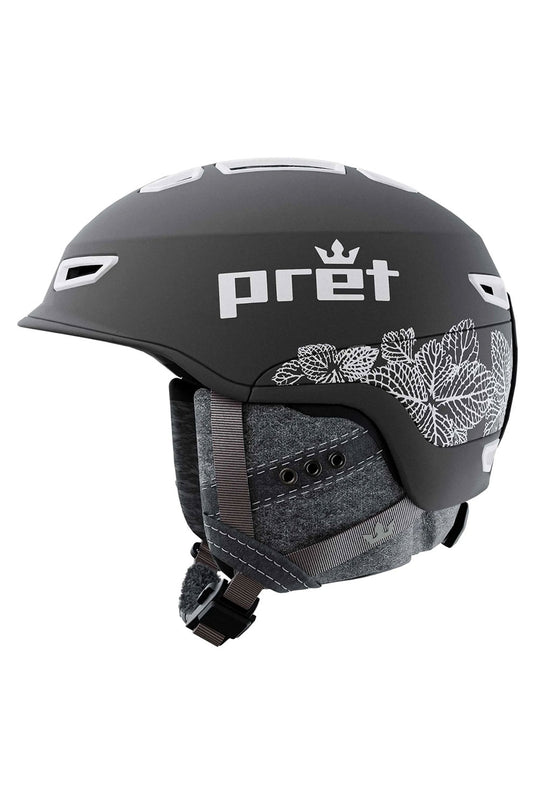 pret ski helmet - black with white leaf pattern