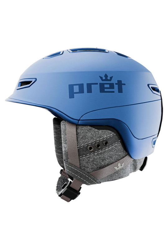 Blue helmet with 'pret' branding on a white background
