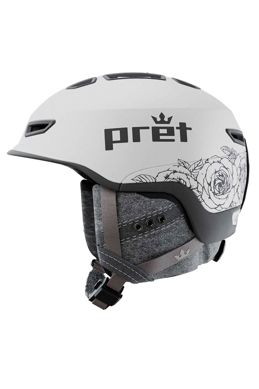 Gray helmet with floral design and 'pret' branding on a white background