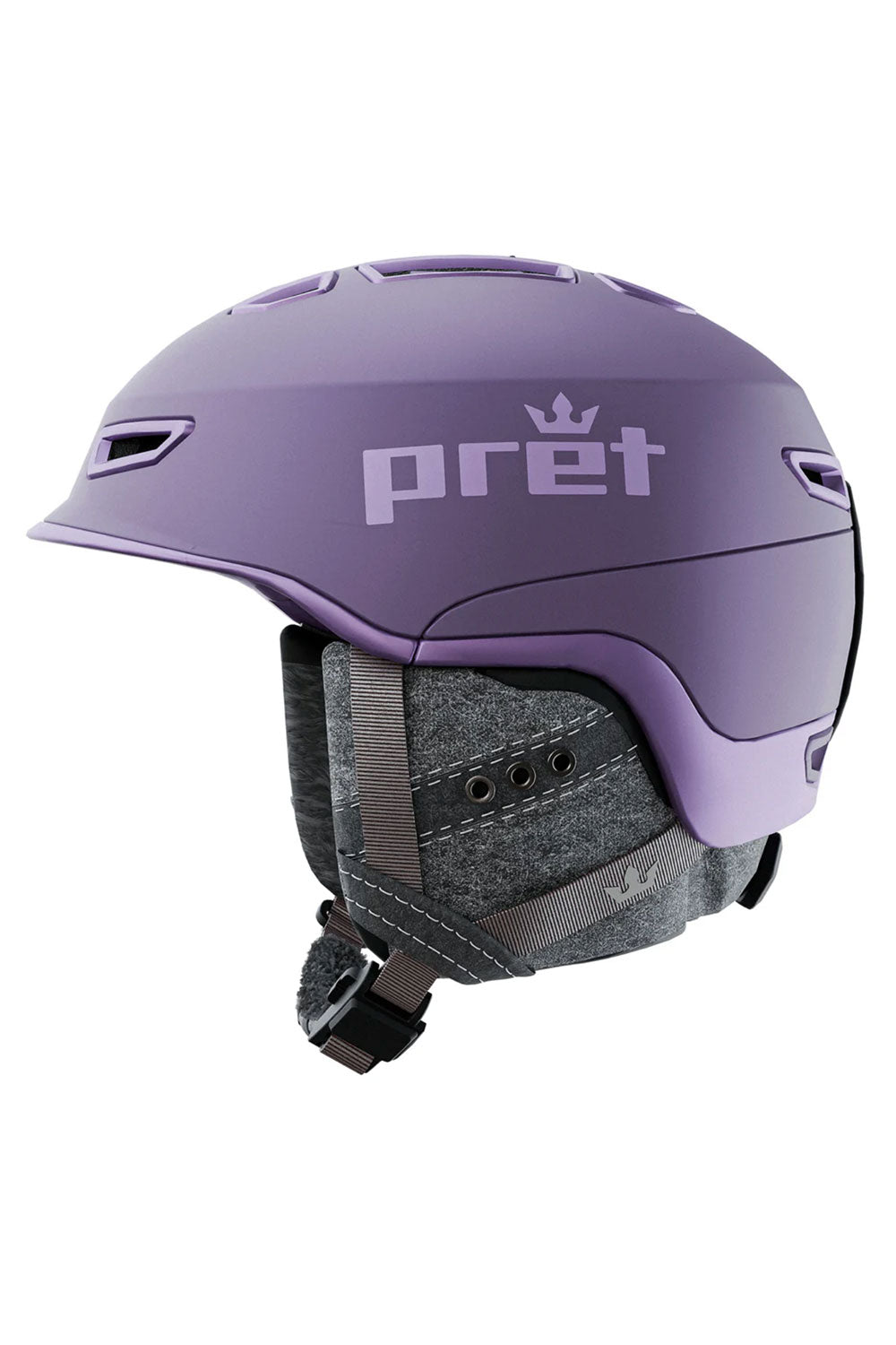 Purple helmet with 'pret' branding on a white background