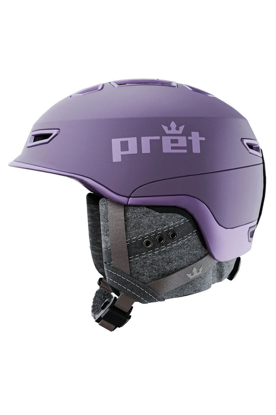 Purple helmet with 'pret' branding on a white background
