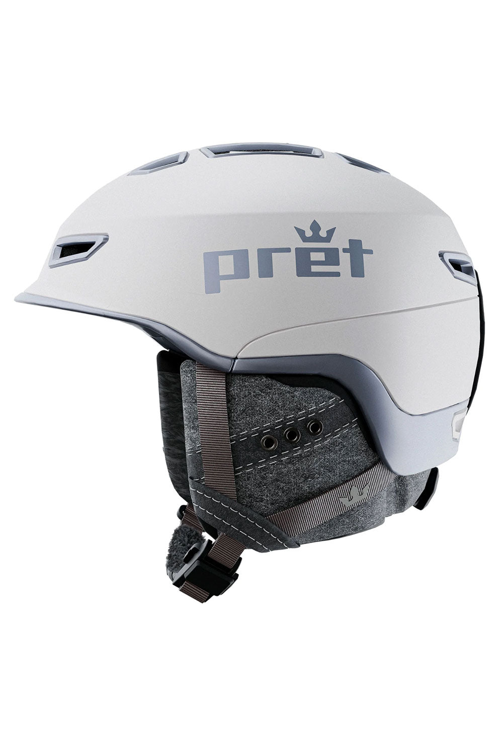 White helmet with 'pret' branding on a white background