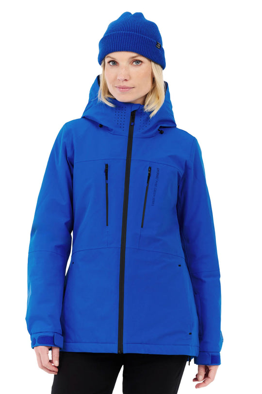 Person wearing a blue jacket and beanie on a white background