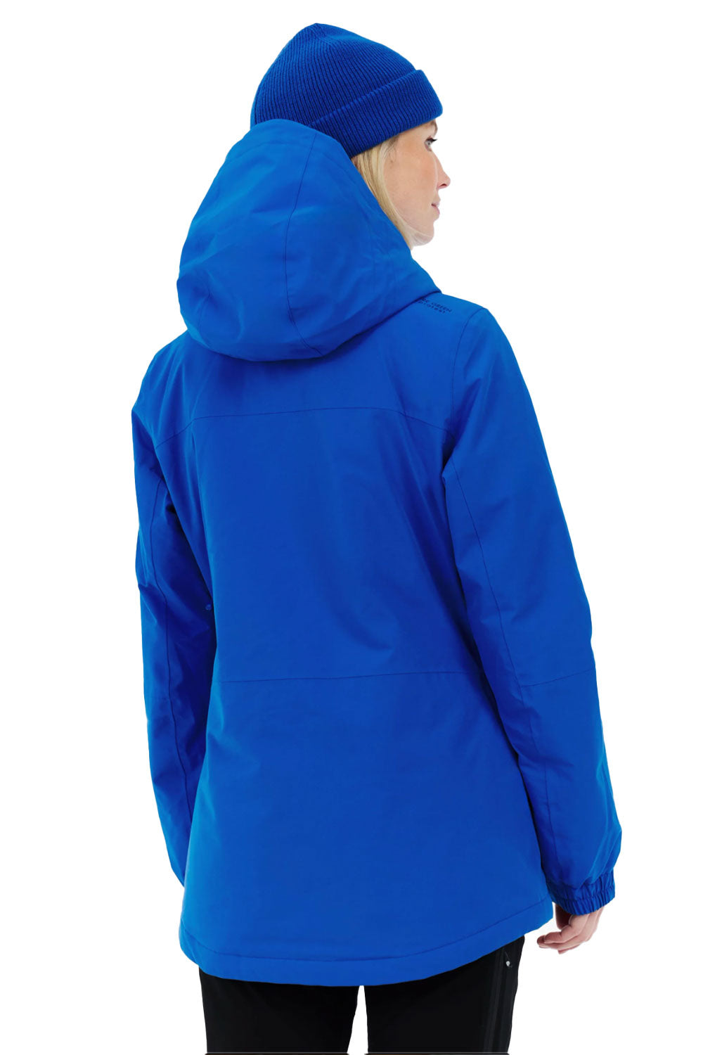 Person wearing a blue hooded jacket and beanie on a white background
