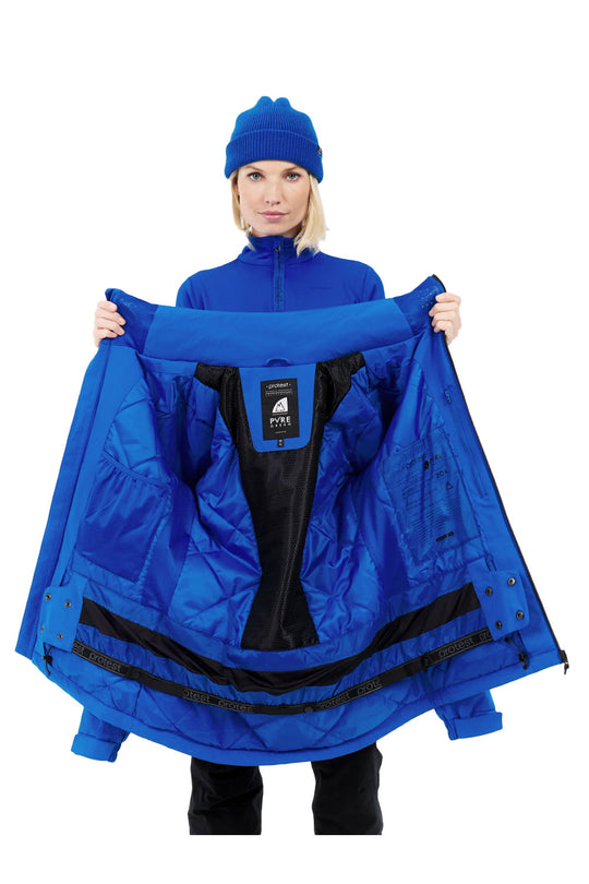 Person holding a blue jacket with a visible brand logo on a white background