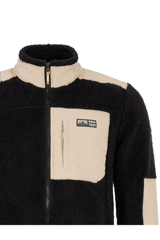 Black and beige fleece jacket with a visible brand logo on a white background