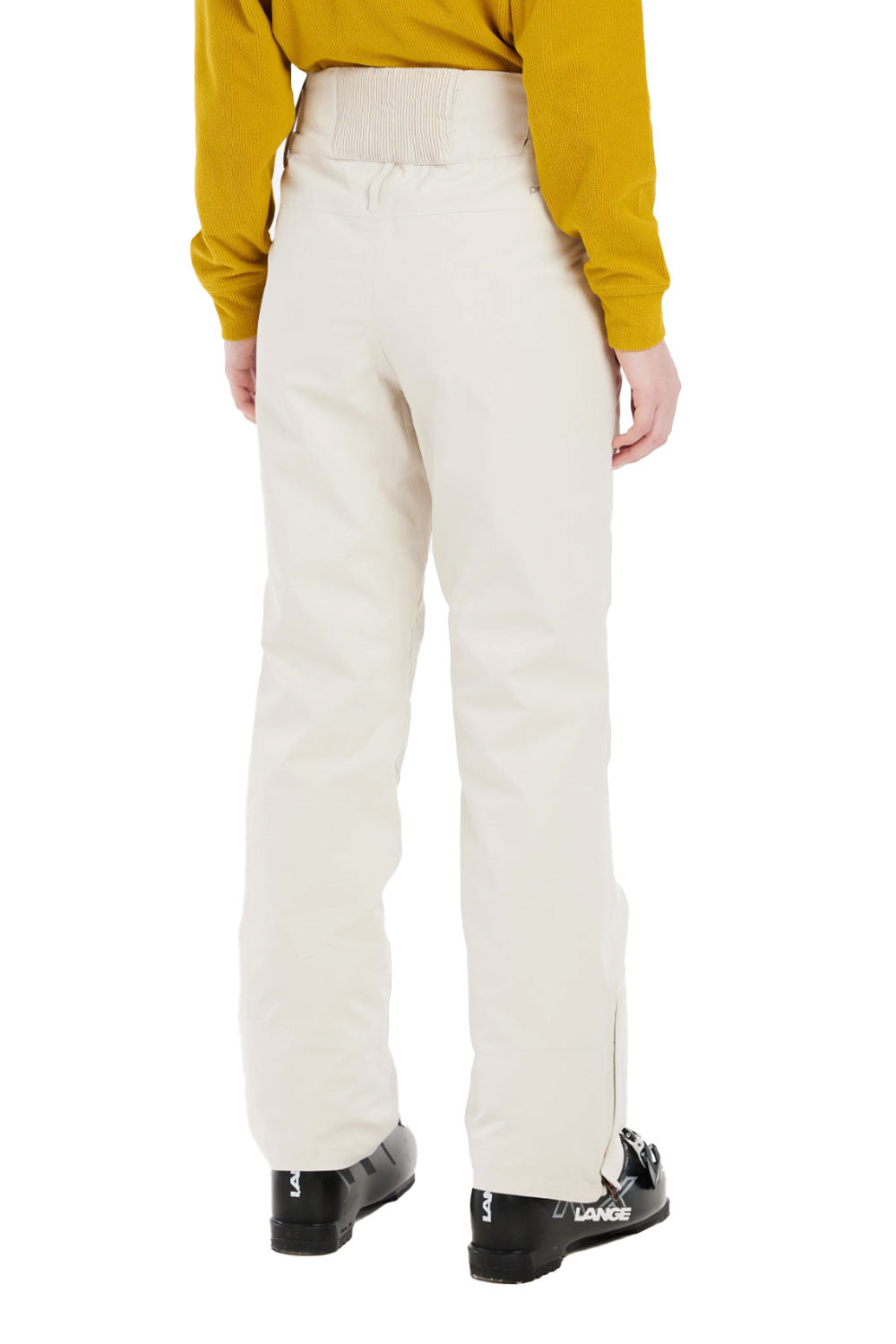Person wearing white pants and black shoes on a white background