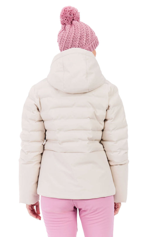 Person wearing a beige puffer jacket and pink pants with a pink knitted hat on a white background