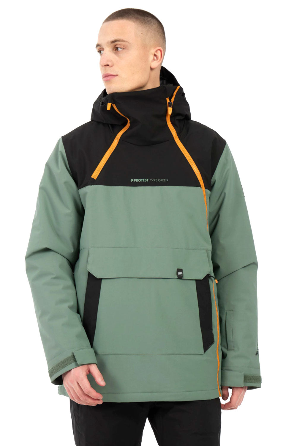 Man wearing a green and black jacket with orange accents on a white background