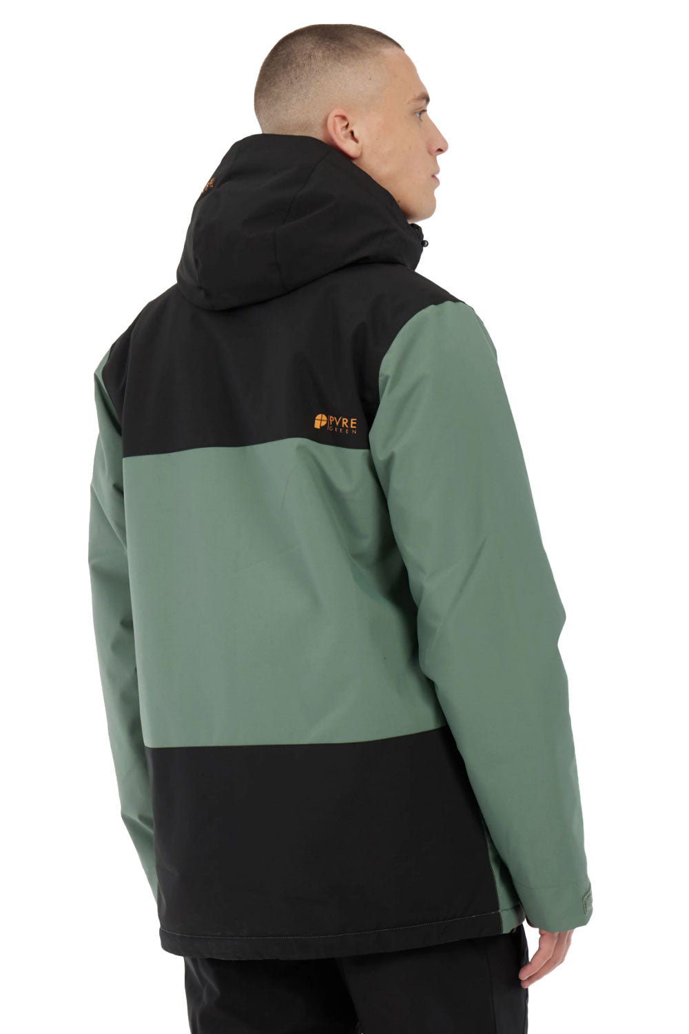 Person wearing a green and black jacket with a visible brand logo on a white background
