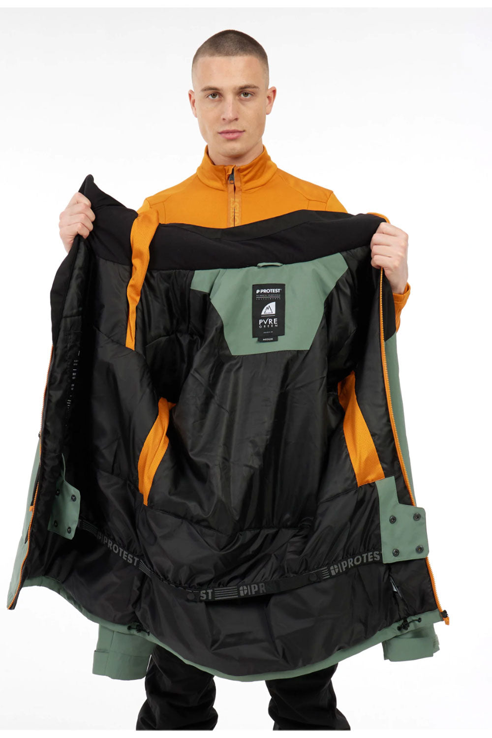 Man holding a black and orange jacket with a brand logo on a white background