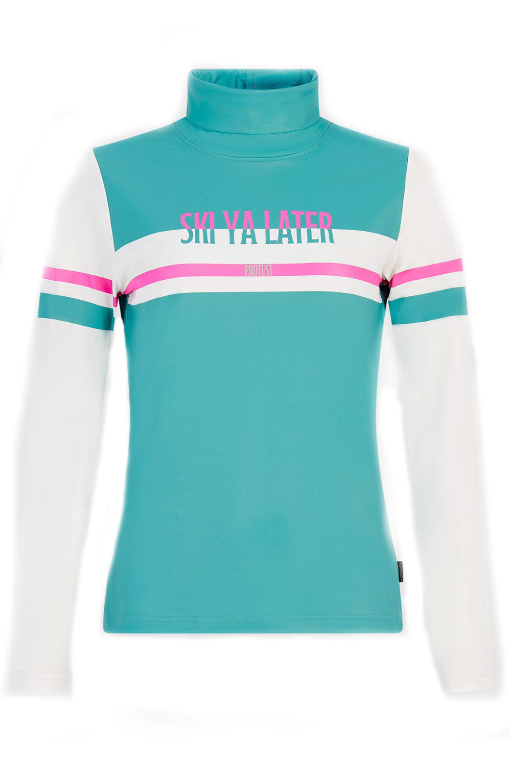 Teal and white long-sleeve shirt with pink accents on a white background