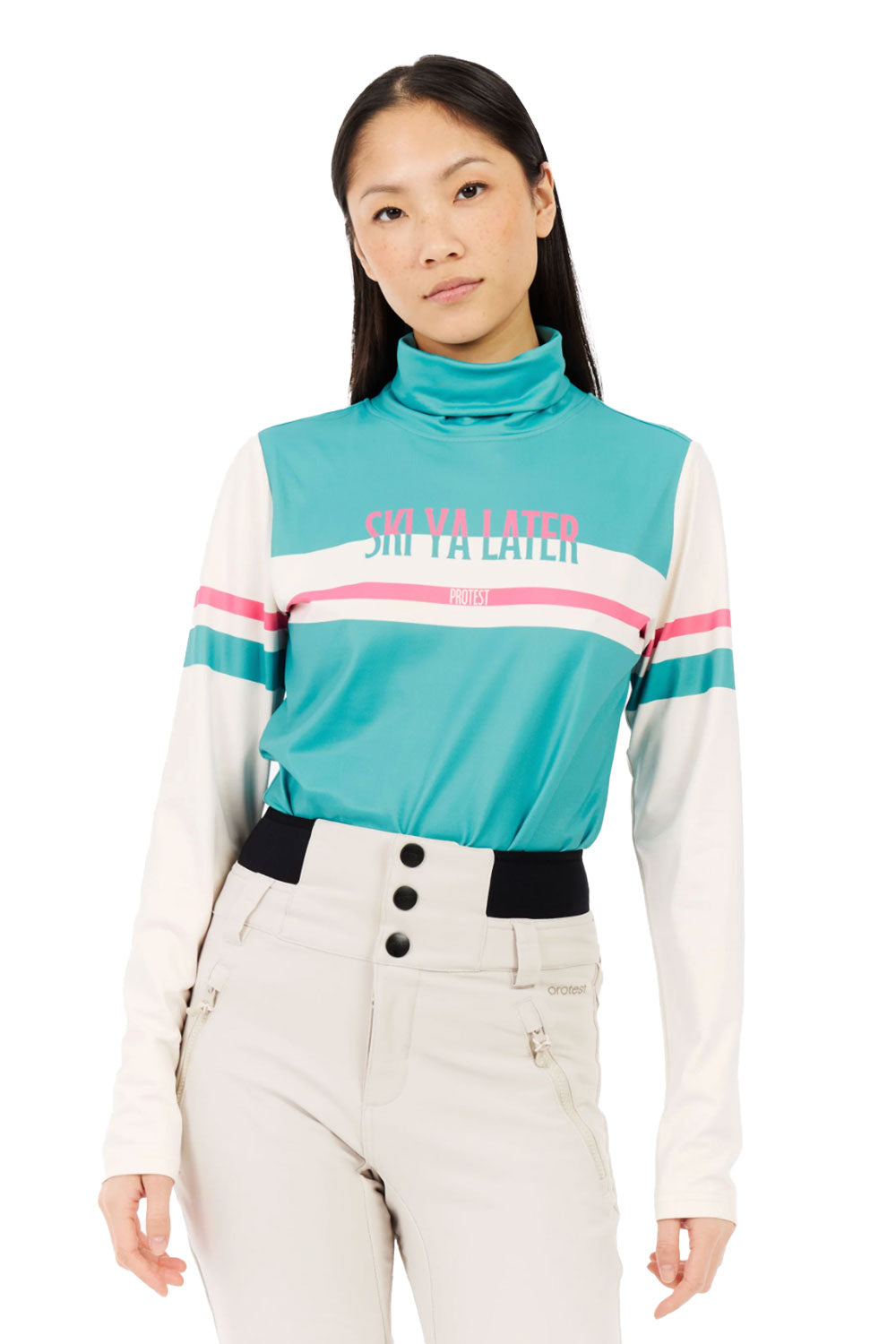 Person wearing a colorful sweater with 'Ski Ya Later' text on a white background