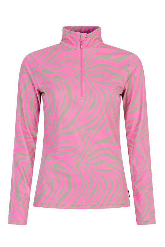Pink and gray zebra patterned long-sleeve shirt on a white background