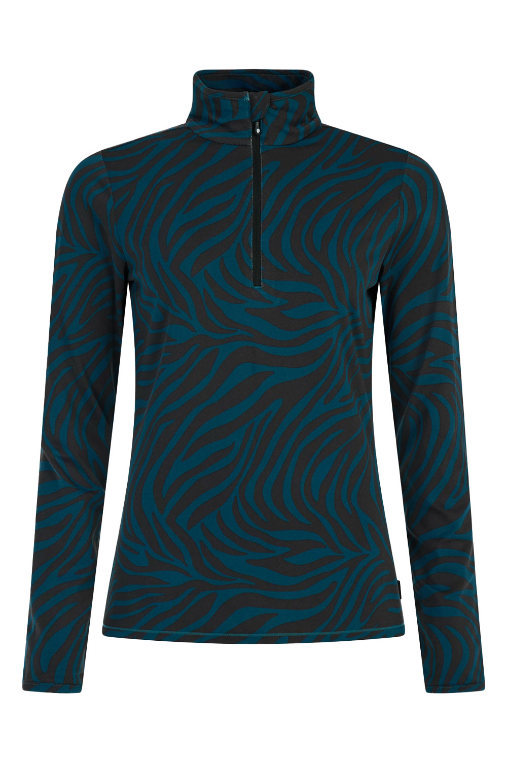 Teal and black patterned long-sleeve shirt with a quarter zip on a white background