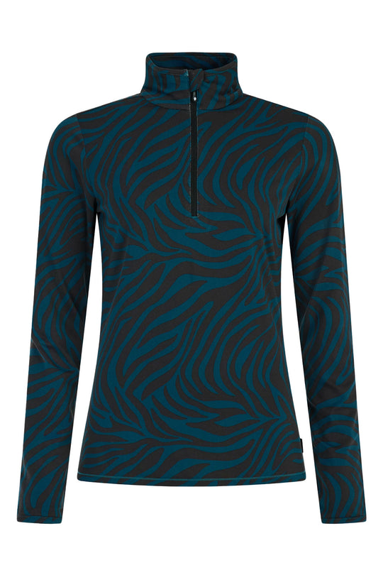 Teal and black patterned long-sleeve shirt with a quarter zip on a white background