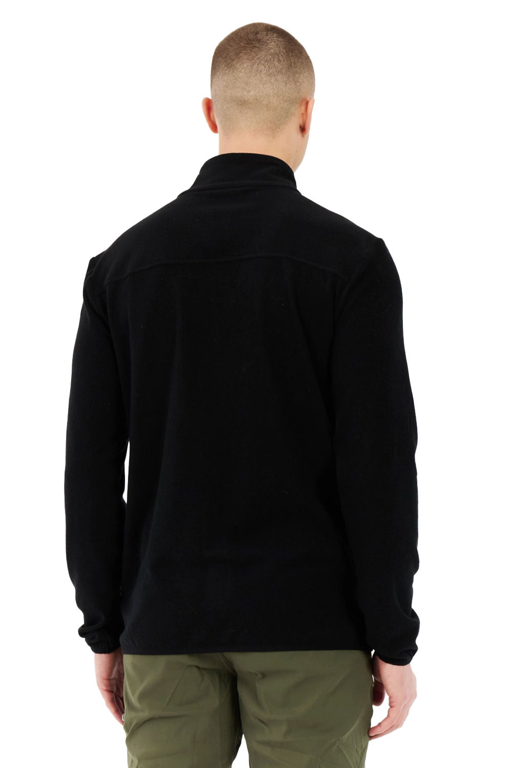 Person wearing a black long-sleeve shirt on a white background