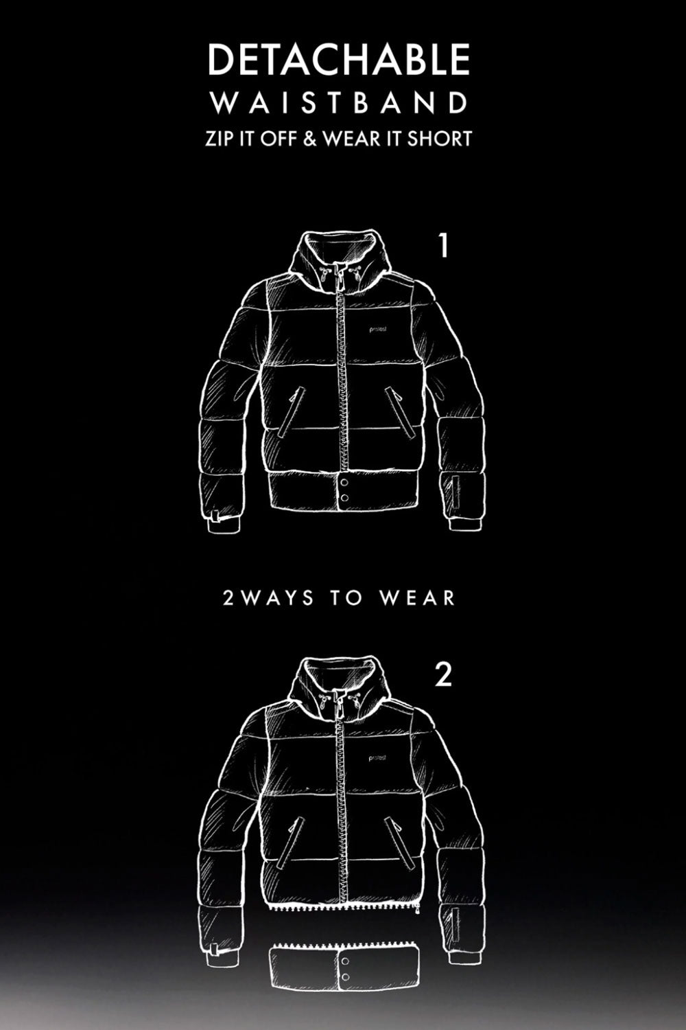 Diagram showing a jacket with a detachable waistband on a black background
