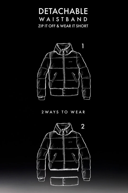 Diagram showing a jacket with a detachable waistband on a black background