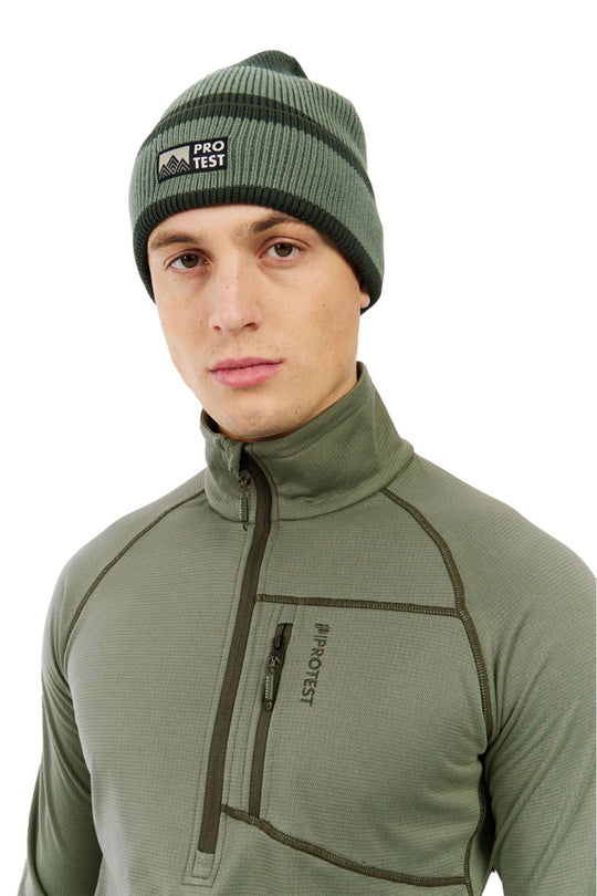 Man wearing a green beanie and jacket with 'Protest' branding on a white background