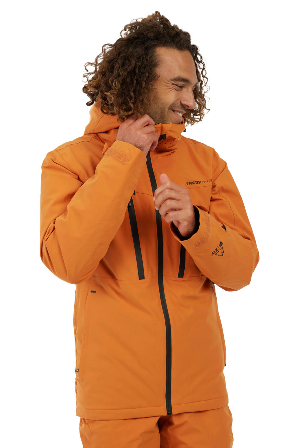 Man wearing an orange jacket with a hood on a white background