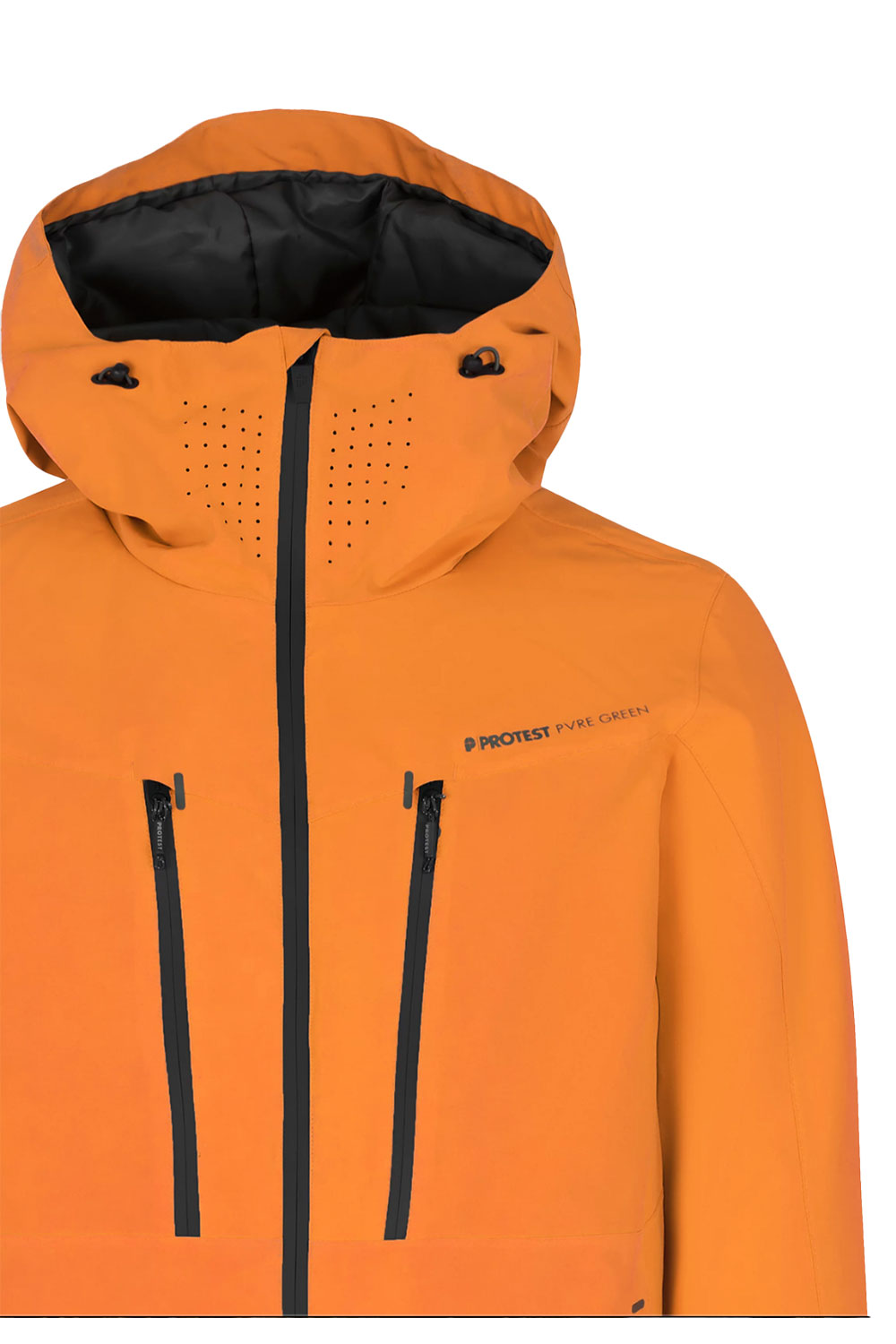 Orange jacket with black zippers and lining on a white background