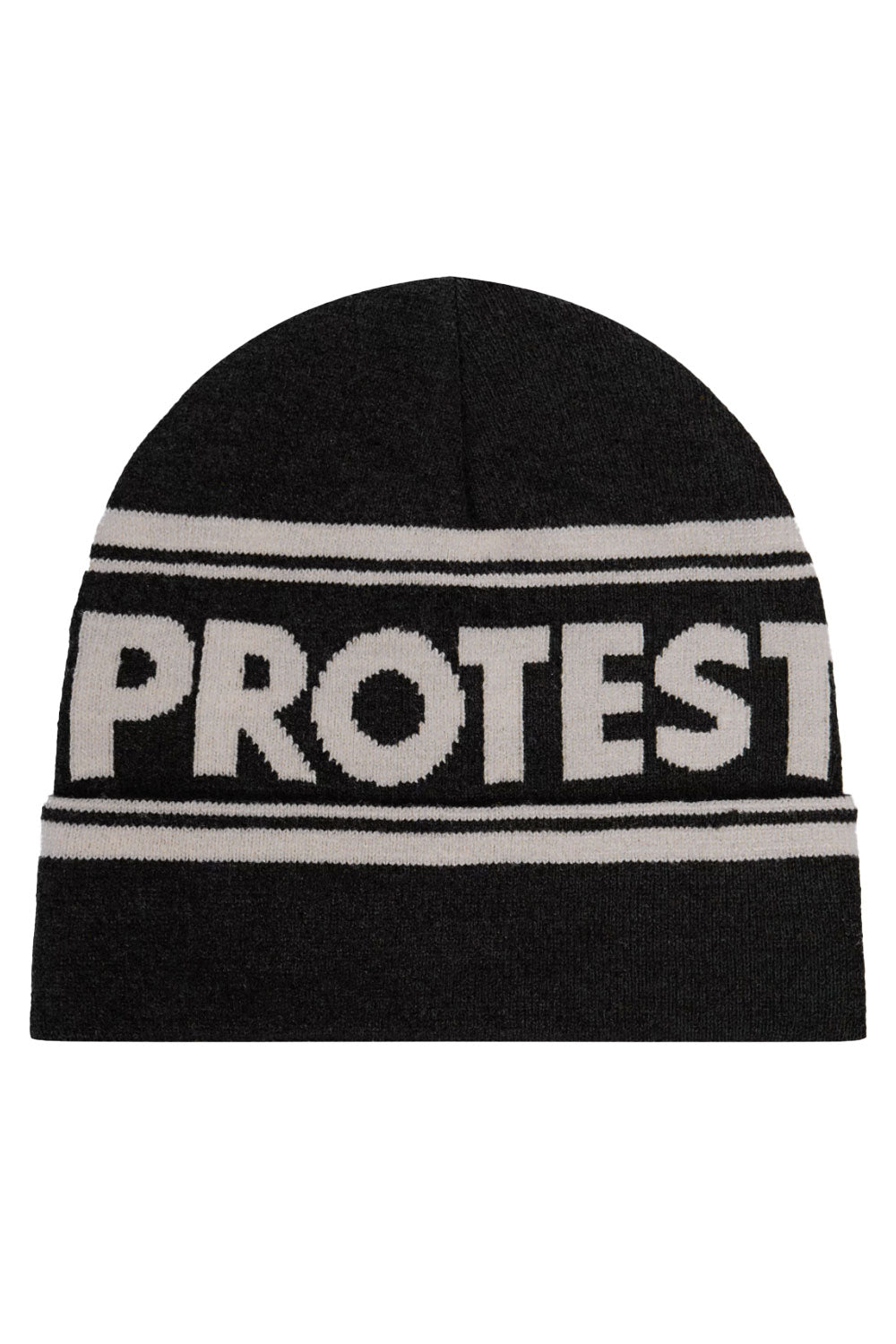 Black beanie with 'PROTEST' in white letters on a white background