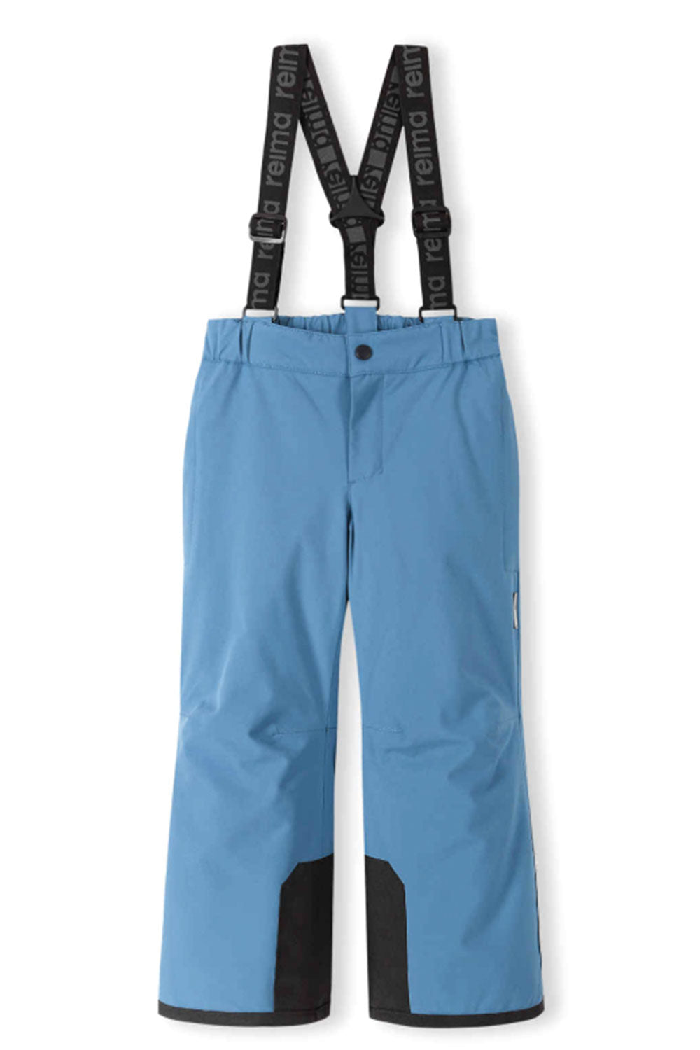 Blue snow pants with black suspenders on a white background