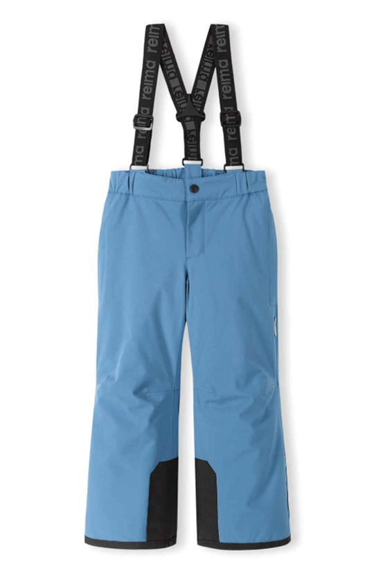 Blue snow pants with black suspenders on a white background