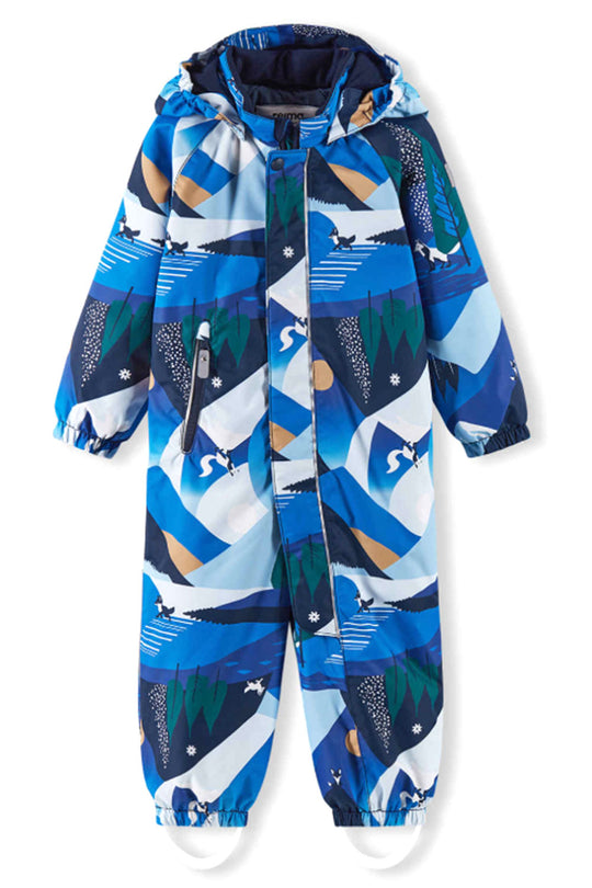 Children's snowsuit with blue and white abstract pattern on a white background
