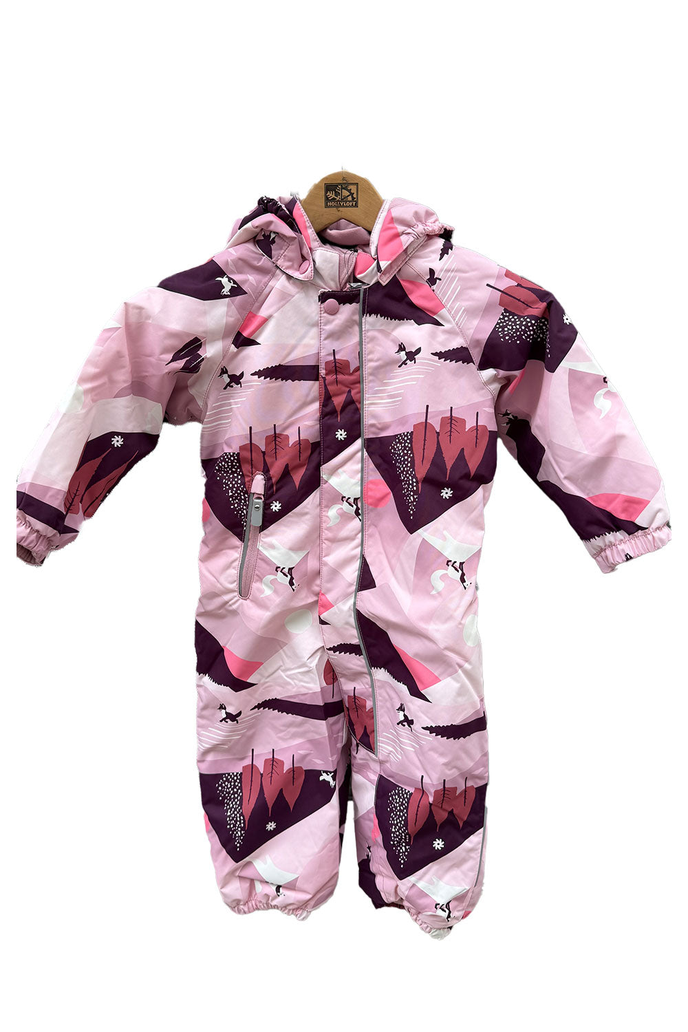 Pink and purple children's snowsuit with a pattern on a white background