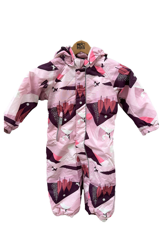 Pink and purple children's snowsuit with a pattern on a white background