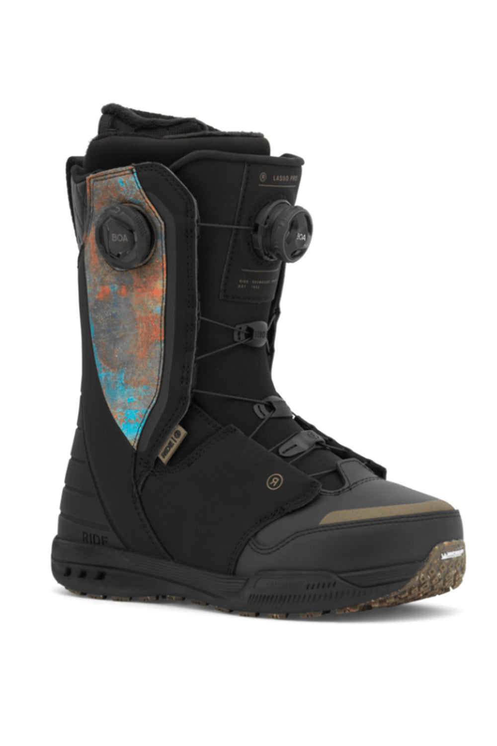 men's Ride Lasso snowboard boots, black with multicolor inlay design on side