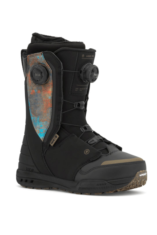 men's Ride Lasso snowboard boots, black with multicolor inlay design on side