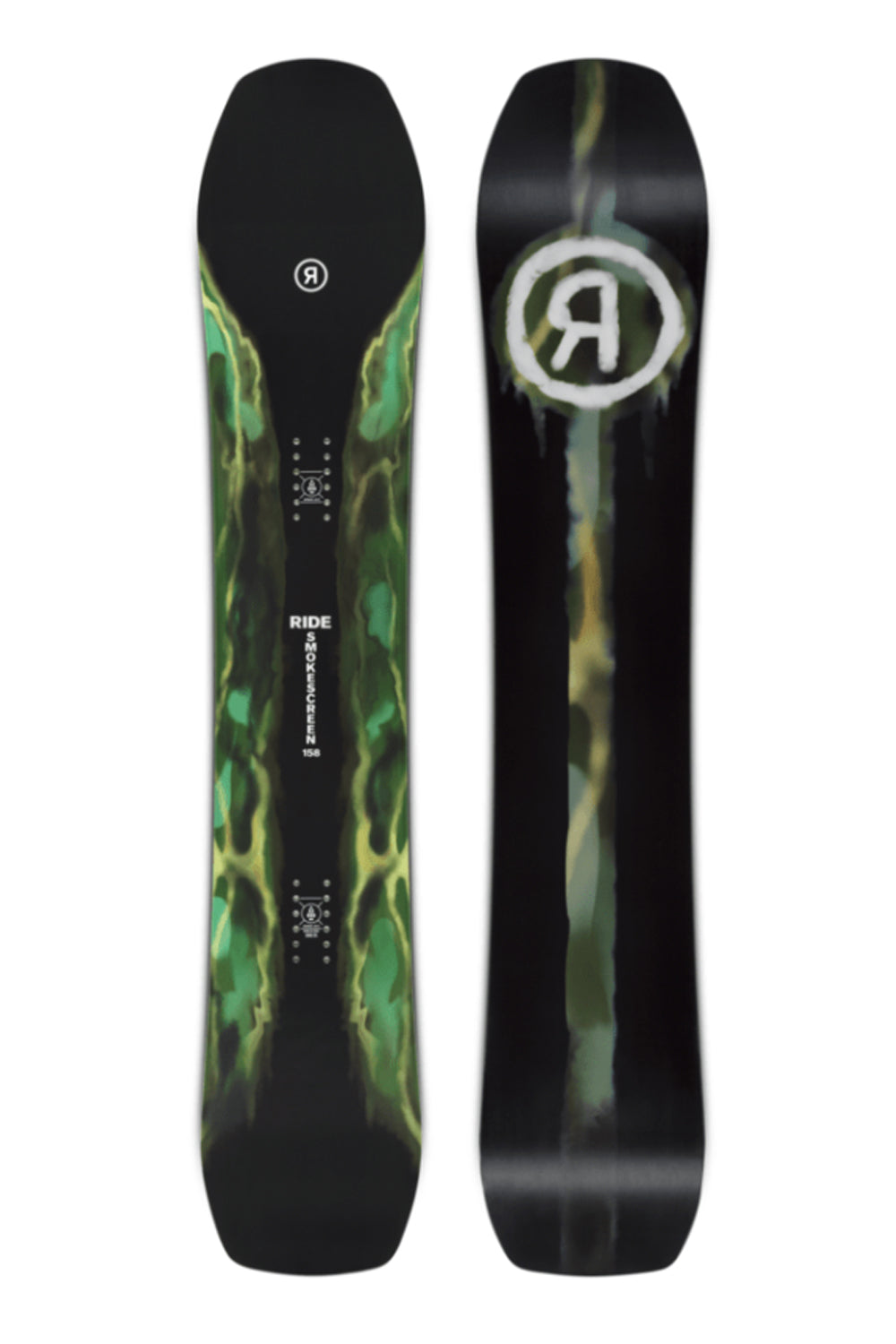 men's Ride Smokescreen snowobard, black with green smoky swirl pattern
