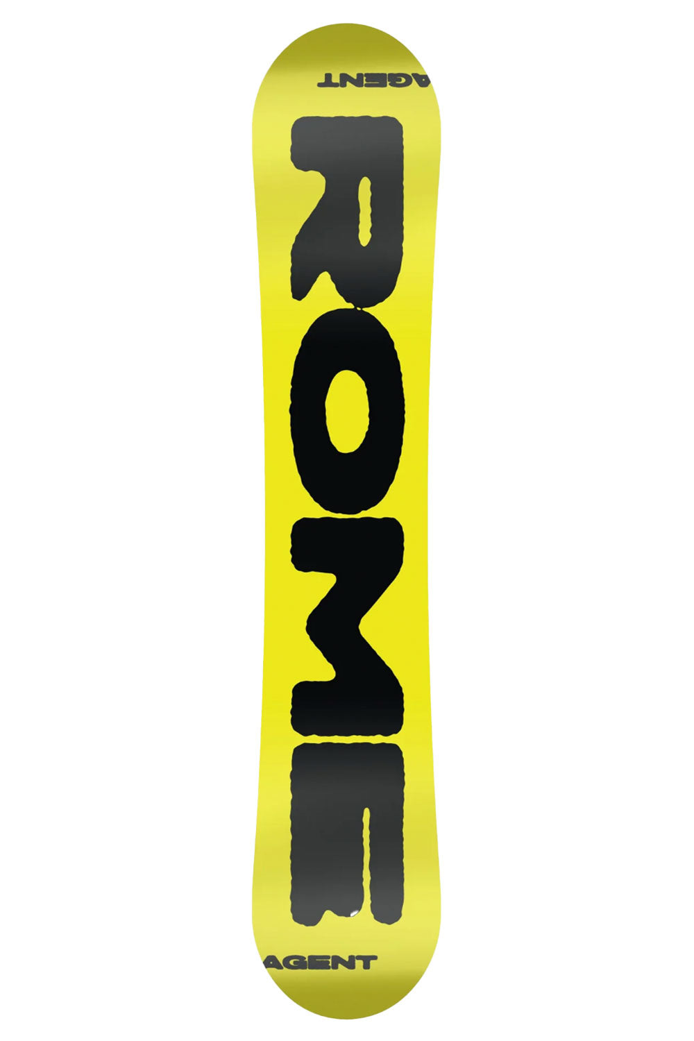 Yellow snowboard with black text on a white background