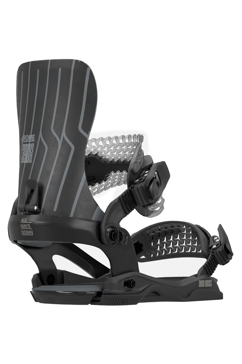Black snowboard binding on a white background
