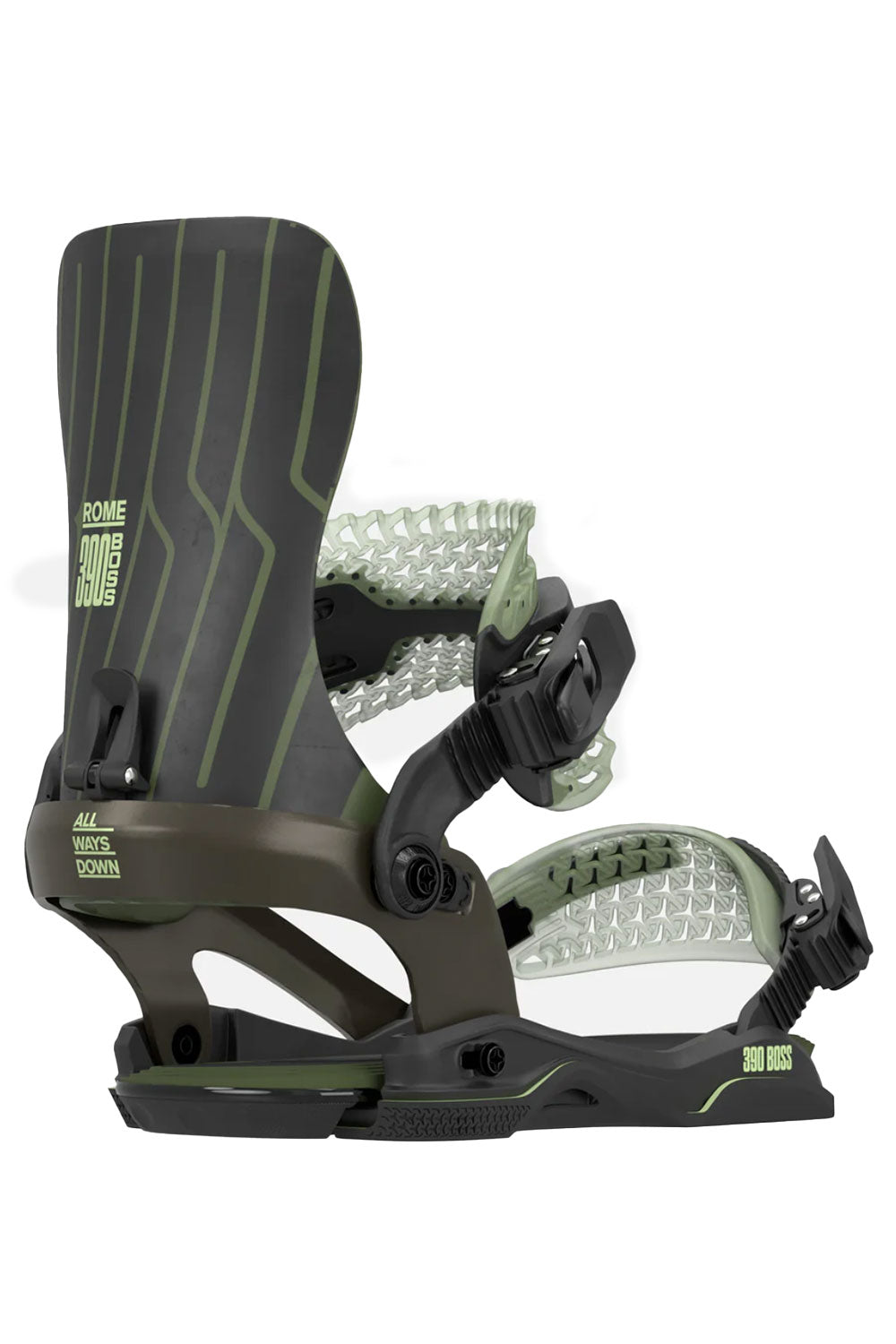 Black and green snowboard binding on a white background