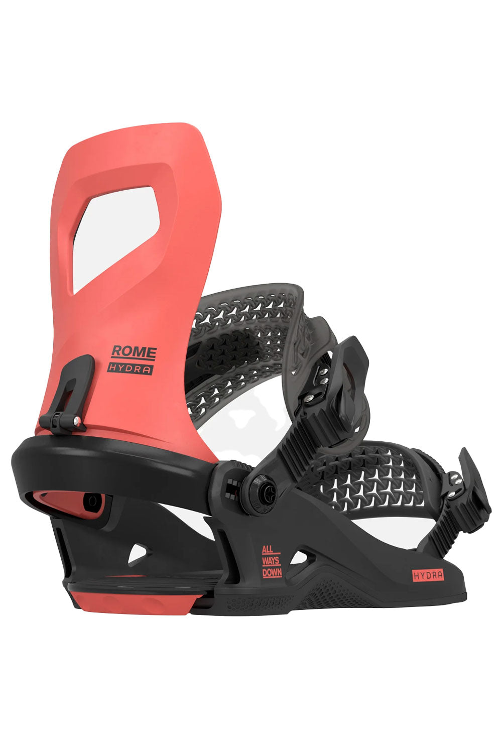 Coral and black snowboard binding on a white background