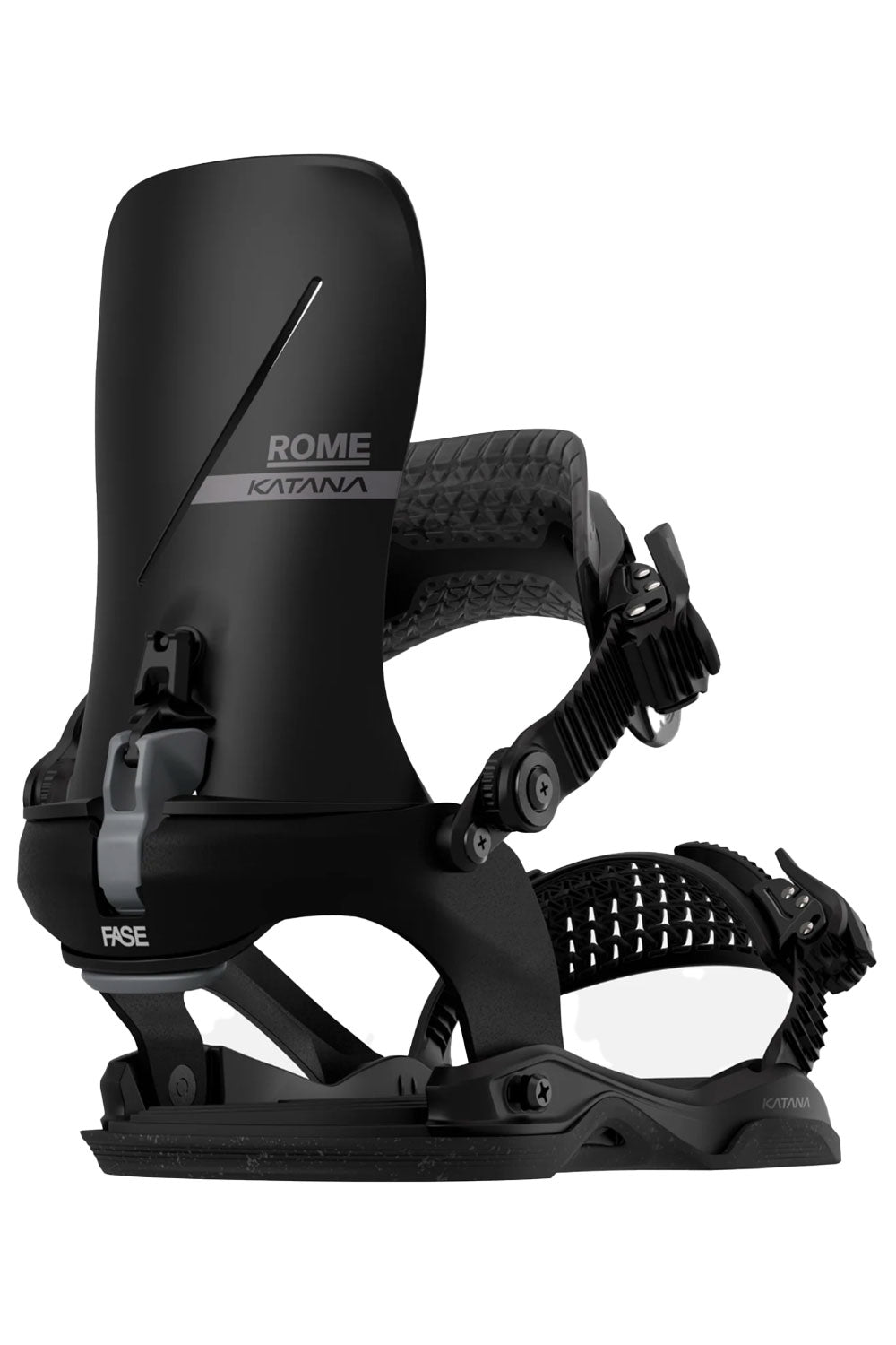 Black snowboard binding with 'Rome' branding on a white background