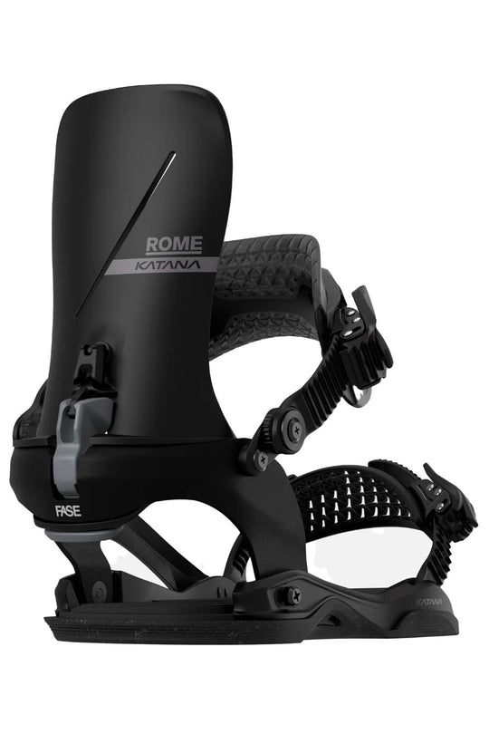 Black snowboard binding with 'Rome' branding on a white background