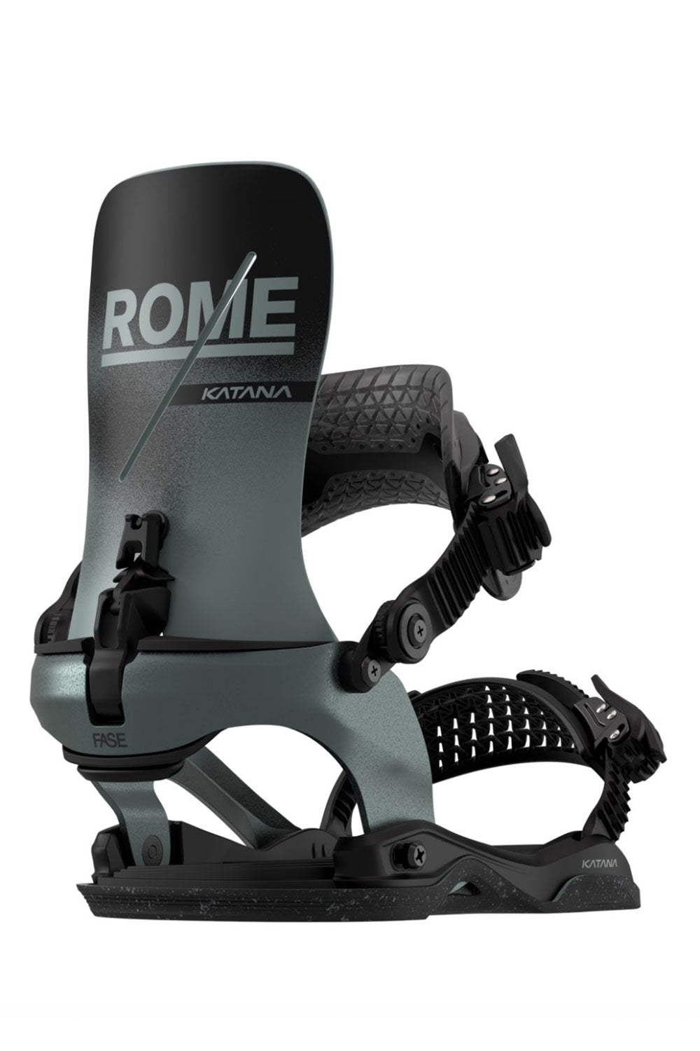 Gray and black snowboard binding with 'Rome' branding on a white background