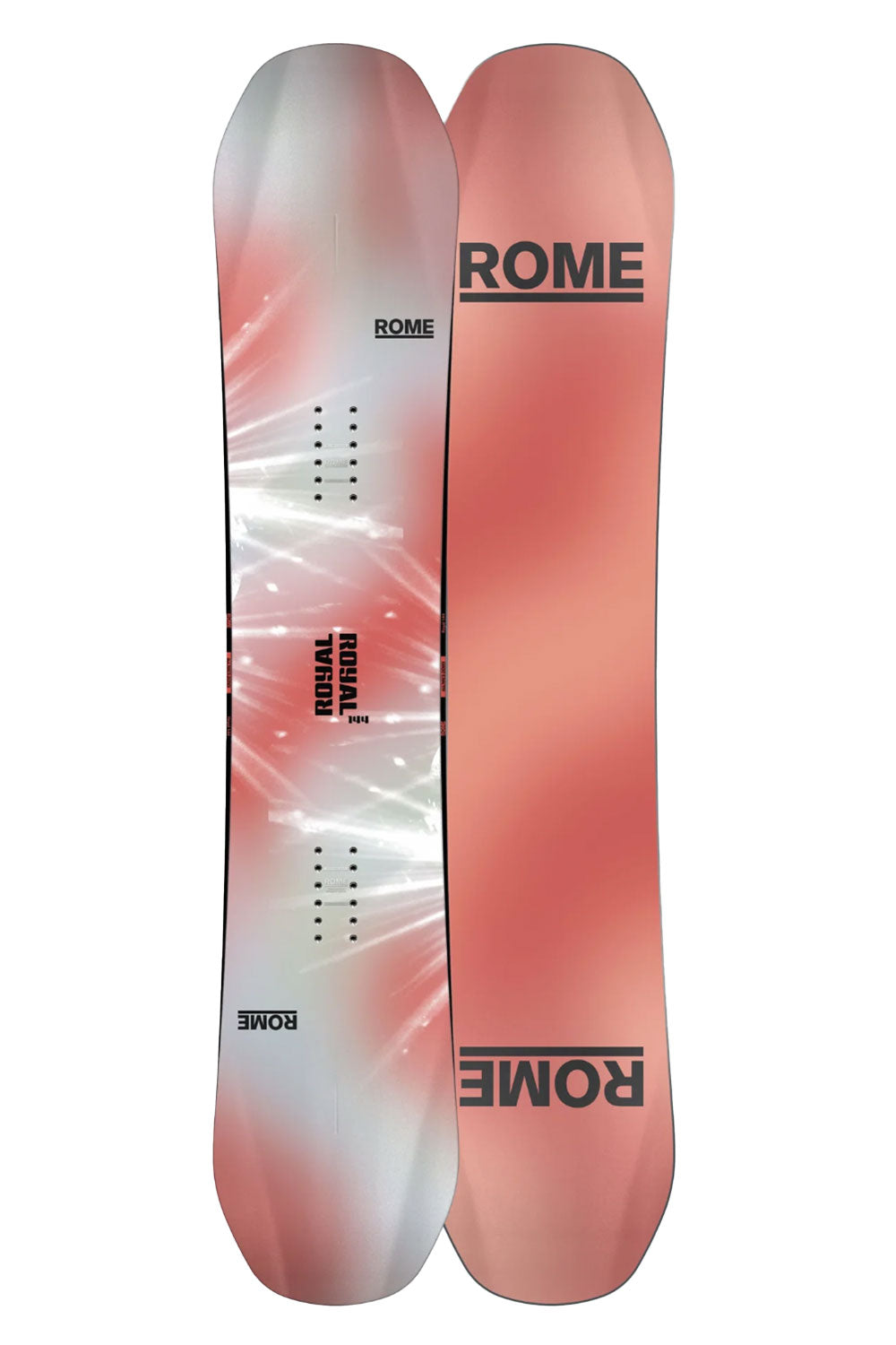 Two Rome snowboards with a gradient design on a white background