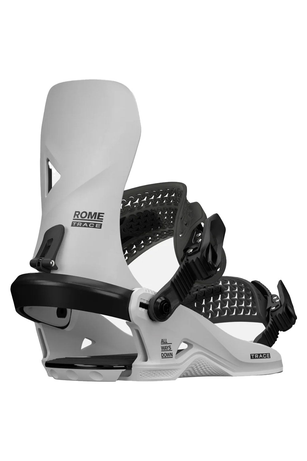 White and black snowboard binding with 'Rome' branding on a white background