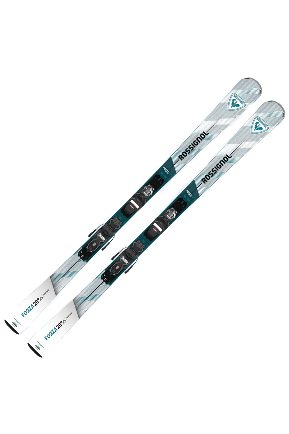 Two skis with bindings on a white background