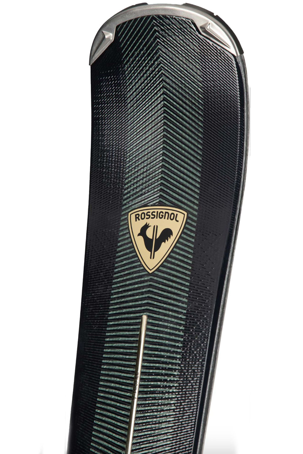 detail of a black and gold Rossignol ski