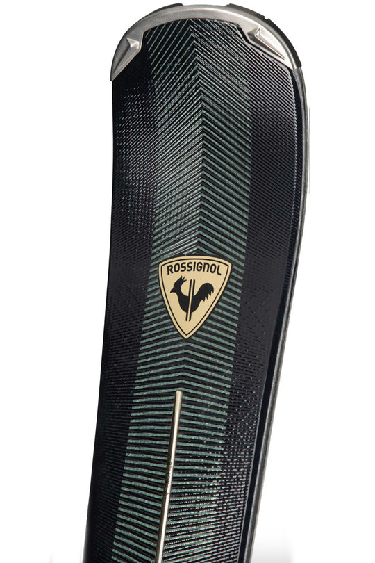 detail of a black and gold Rossignol ski